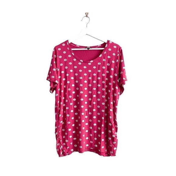 Lane Bryant Women's Polka Dot Ruched Short Sleeve Blouse Pink Silver Size 18/20 - Picture 1 of 7